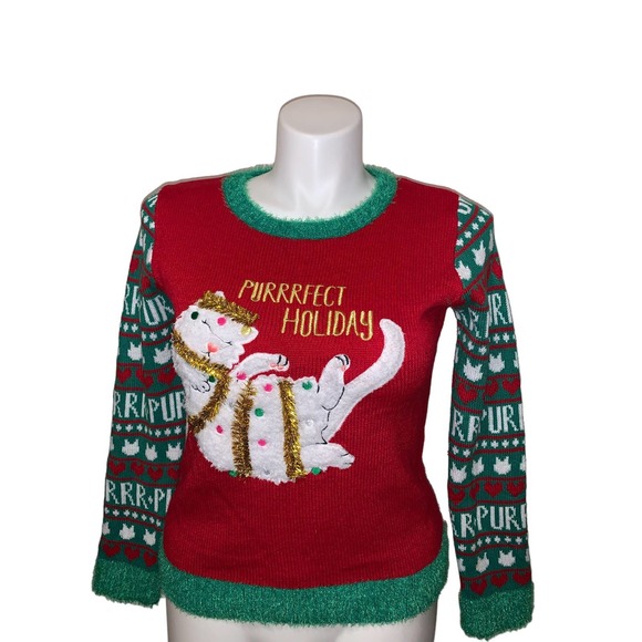 It’s Our Time Christmas Graphic Design Cat Embroidery Pattern Sweater, Size XL - Picture 1 of 11